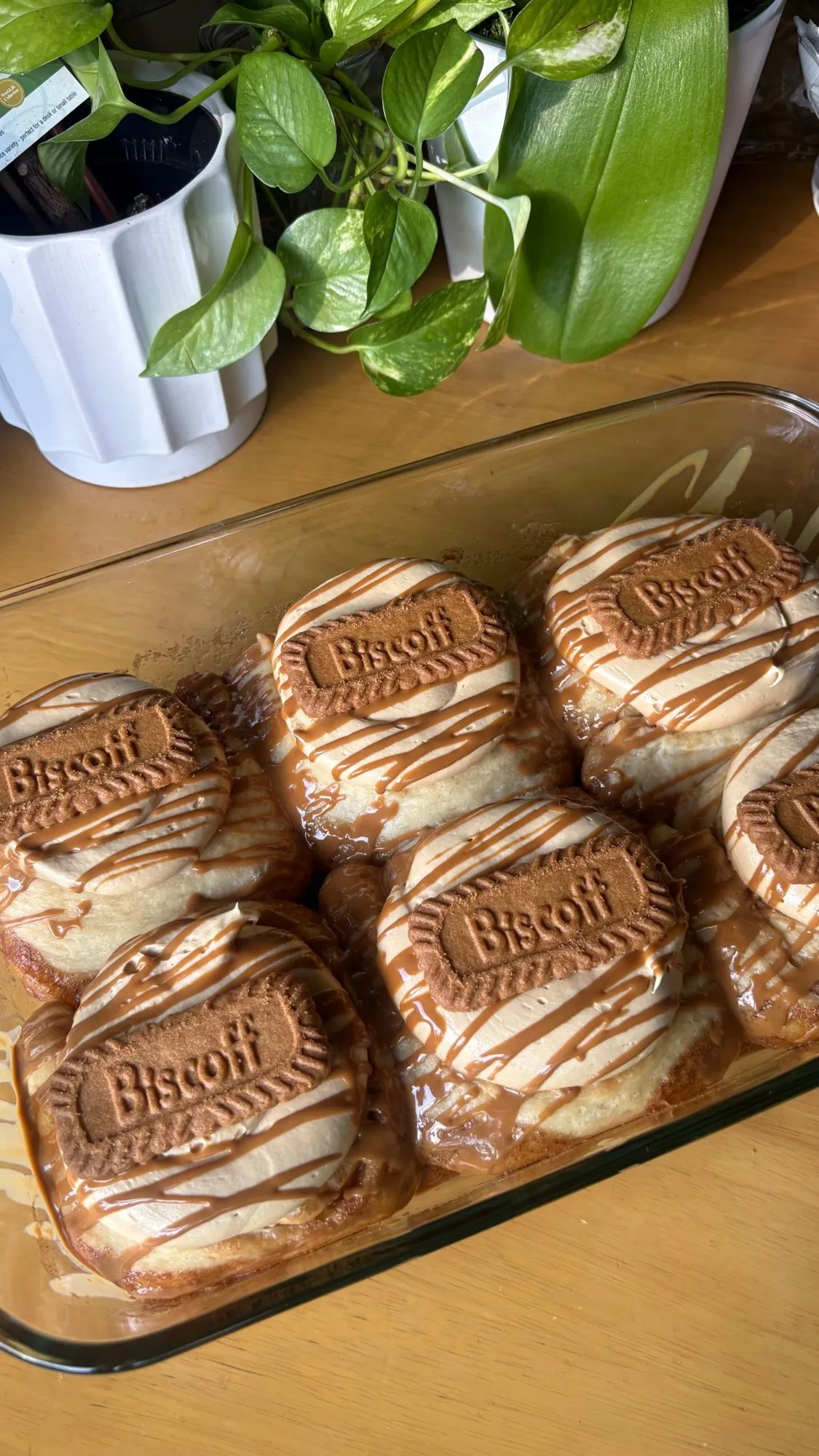 Cinnamon rolls topped with Biscoff cream, a drizzle of cookie butter, and a Biscoff biscuit